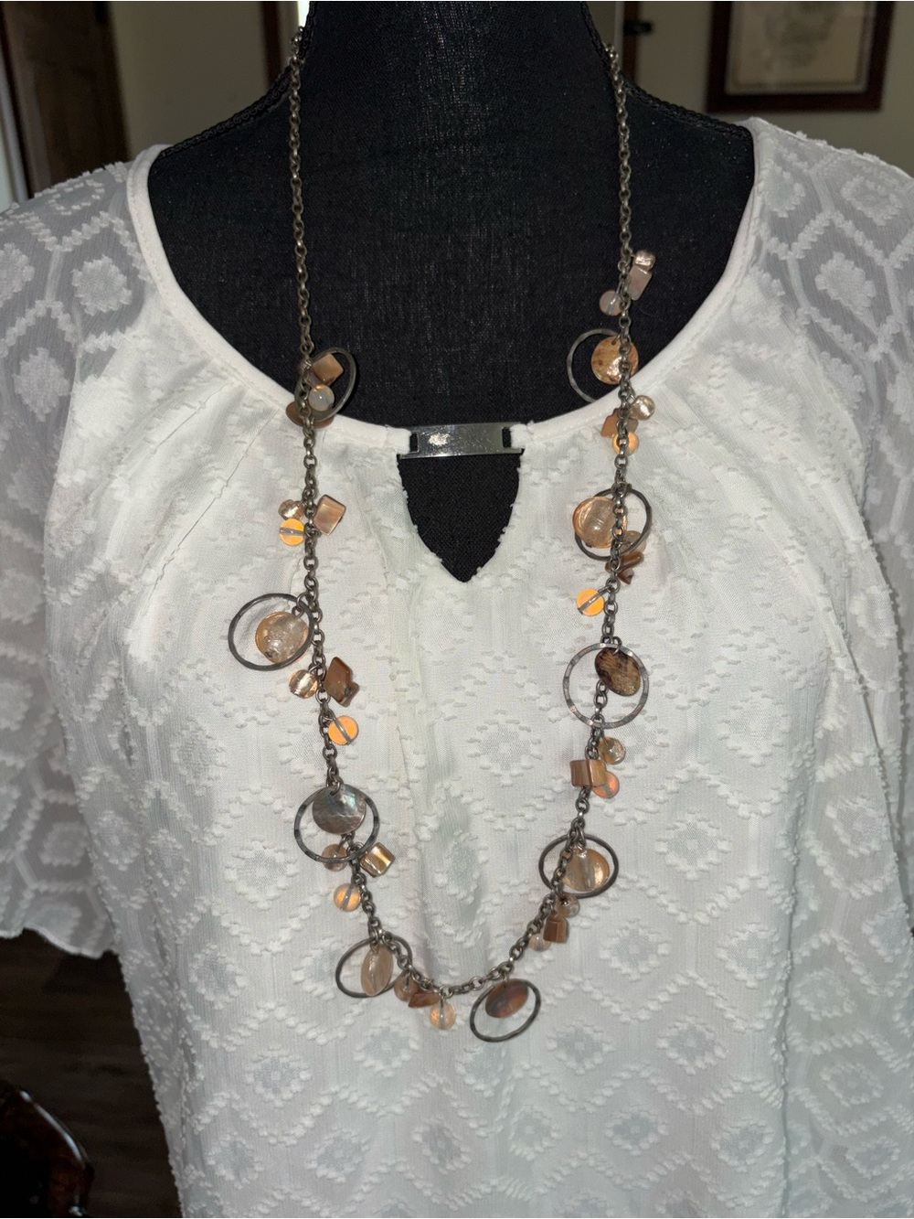 Long Multi-Element Beaded Necklace - Brown/Gold Tones 19 inches made